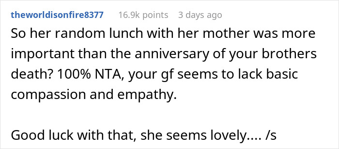 Man’s Grief Ritual Ends In A Cold Breakup After GF Is Forced To Have Lunch Date With Mom Alone