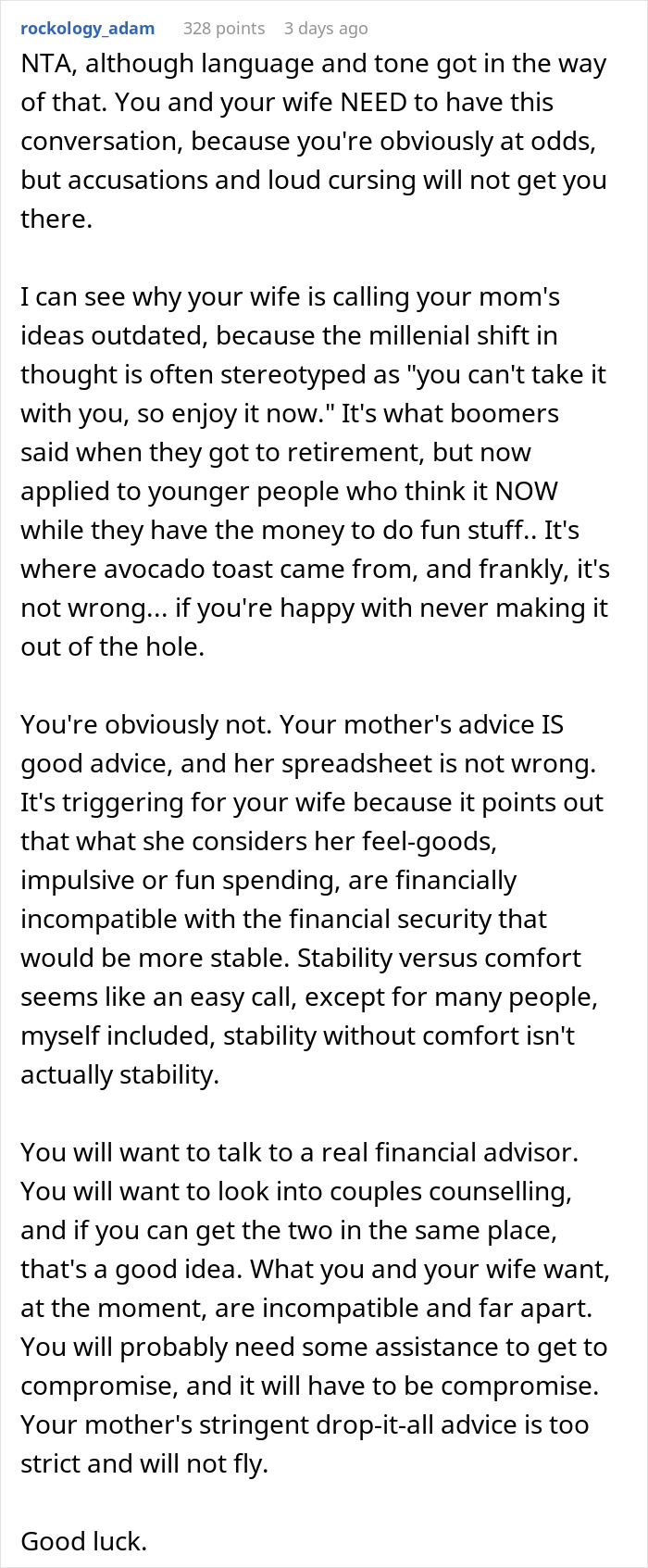 Reddit comment thread about family financial decision conflict, discussing wife's spending habits and advice from husband’s mom.