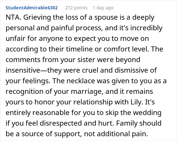 Widow Refuses To Go To Sister's Wedding After She And Entire Family Downplay Her Late Wife's Death