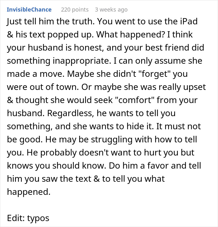 Text discussing best friend's inappropriate move towards a husband, suggesting honesty.