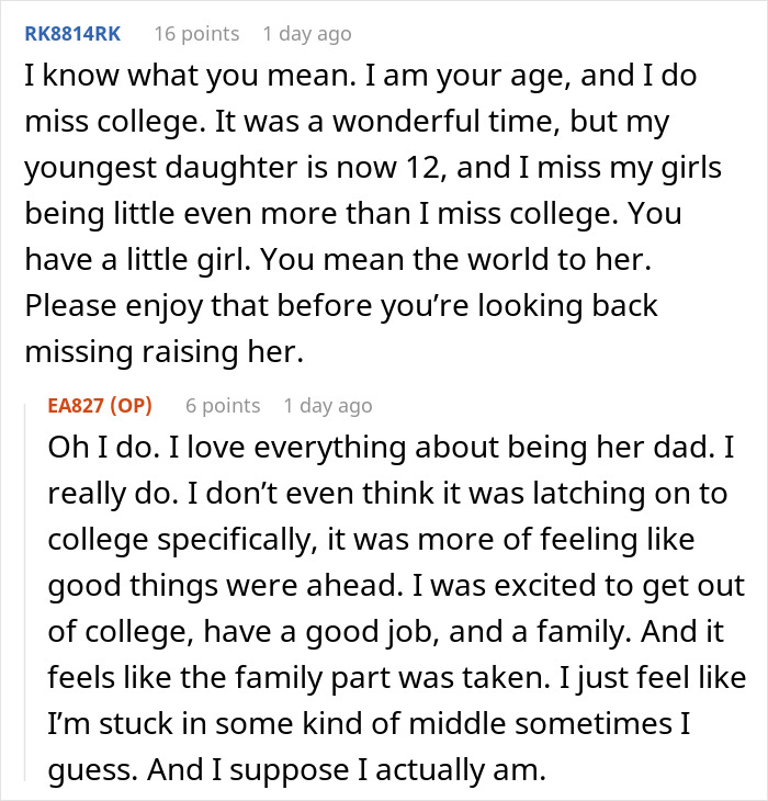 Reddit post featuring a single dad reminiscing about college life and expressing the lost hopes he had for the future.