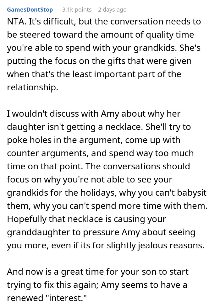 Reddit comment discussing spending quality time with grandkids over giving gifts like necklaces, focusing on the relationship.