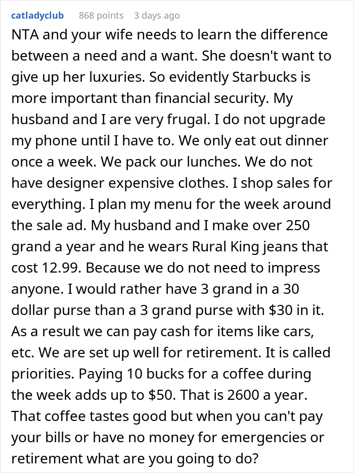 Screenshot of a Reddit comment about financial decisions in a marriage, discussing budgeting and priorities.