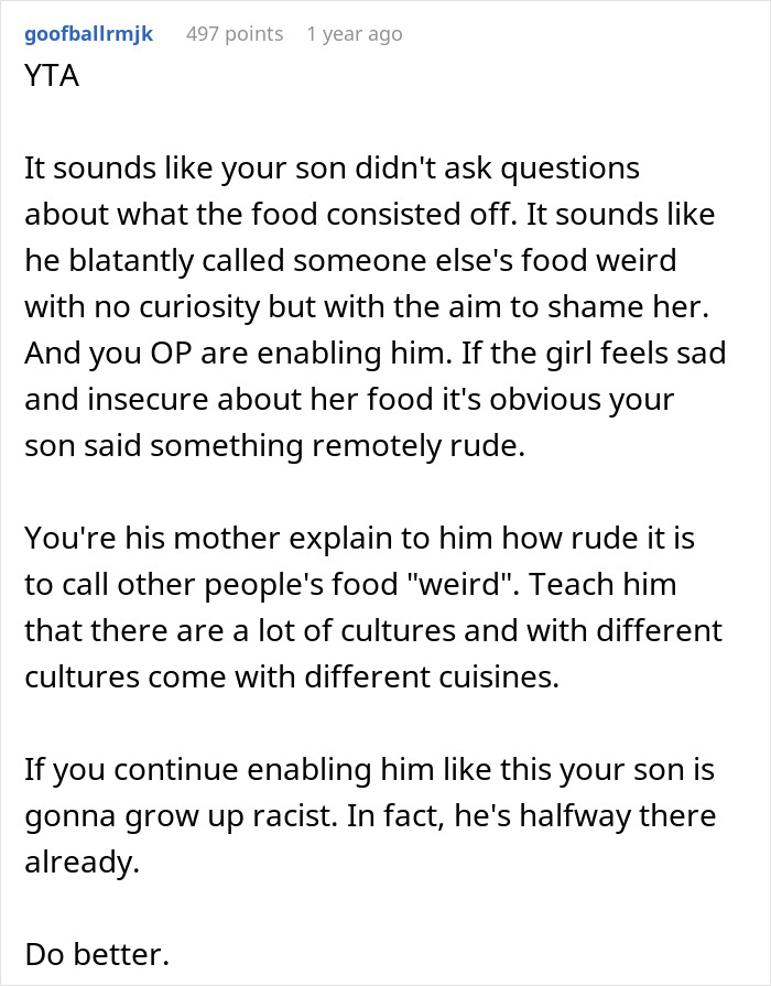 Mother Thinks Her Son Bullying Classmate About Her "Weird" Lunch Is Normal, Gets A Reality Check