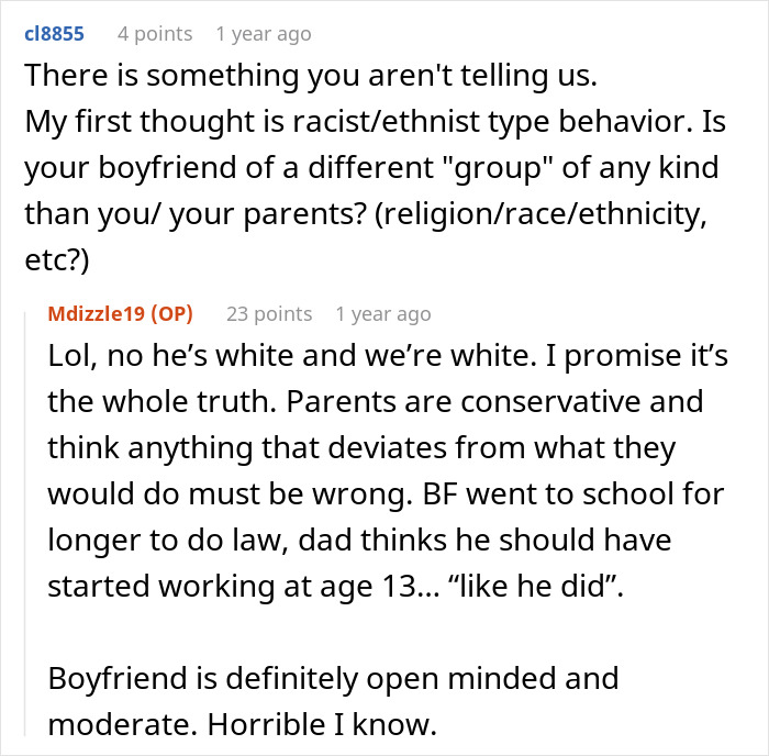 Reddit discussion about parents giving an ultimatum to their daughter over her boyfriend choice.