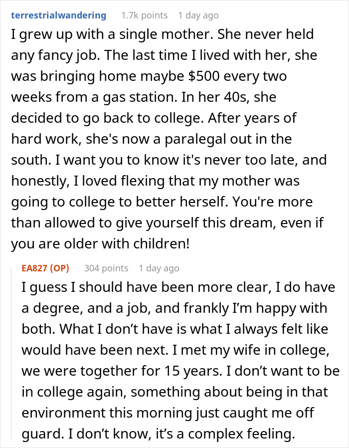 Text from a single dad reflecting on college life and hopes, shared in an online forum for support and discussion.