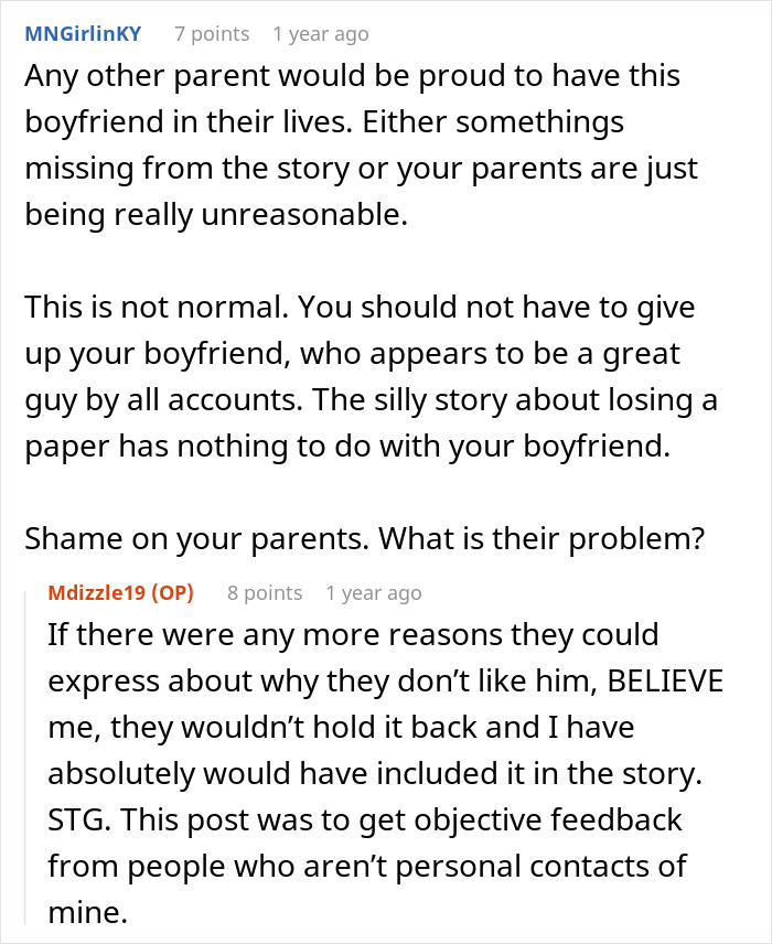 Reddit discussion about parents' ultimatum, daughter chooses boyfriend over them.