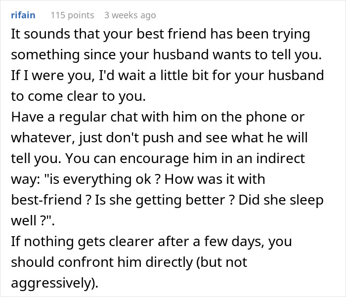 Text advice on dealing with a best friend situation involving a husband, suggesting indirect communication and calm confrontation.