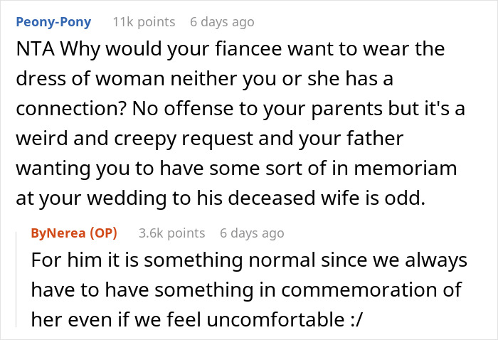 Dad Pressures His Soon-To-Be DIL To Wear His Late Wife’s Wedding Dress Decades After She Died