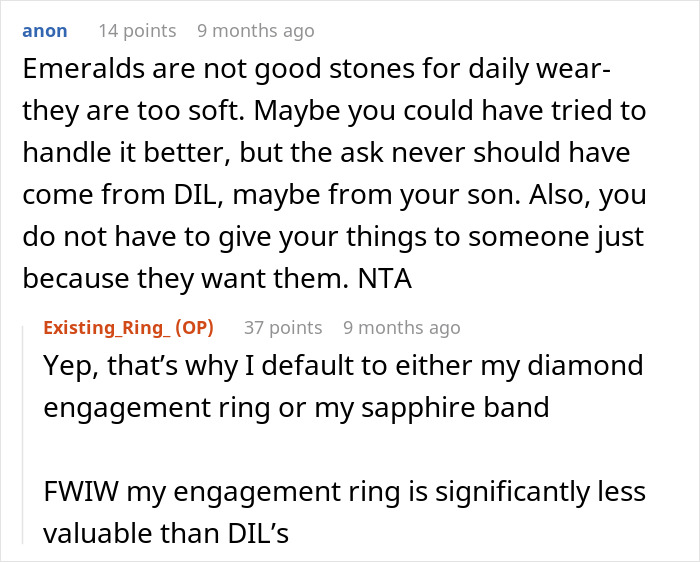 DIL Demands That MIL Give Up Her Emerald Ring As An Heirloom Engagement Ring, Is Told To Get Out