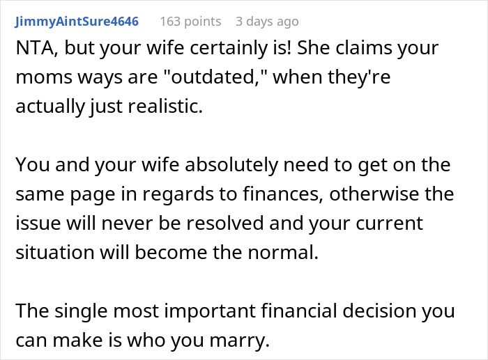 Reddit comment discussing financial decisions, siding with mom over wife, criticizing outdated views.