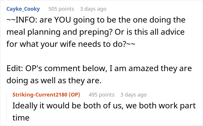 Reddit post discussing marital financial decisions and meal planning responsibilities.