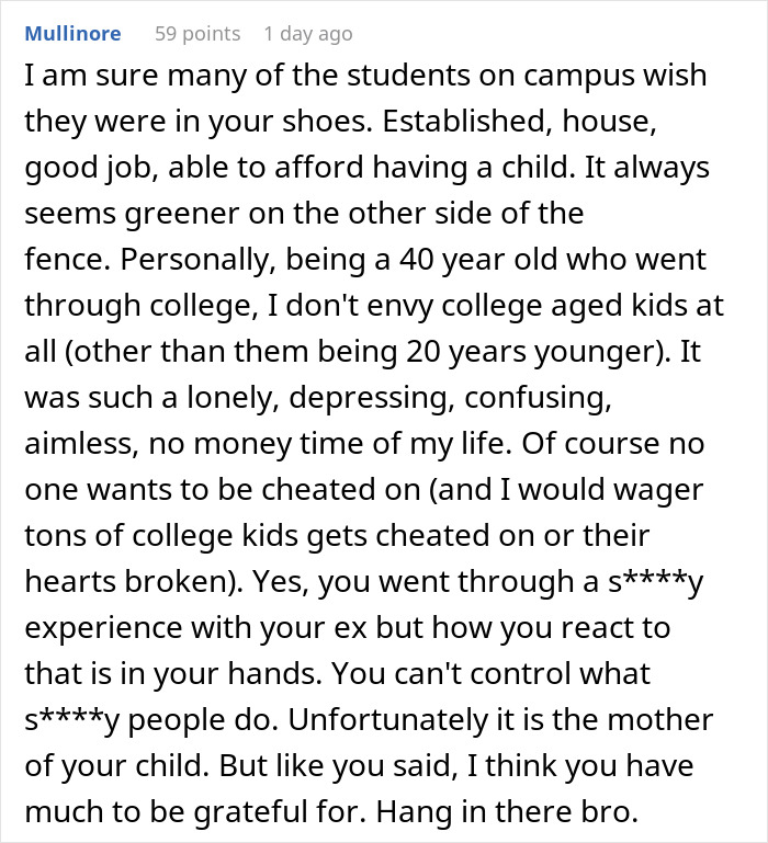 Comment discussing single dad's reflections on college life and hope, addressing challenges and gratitude.