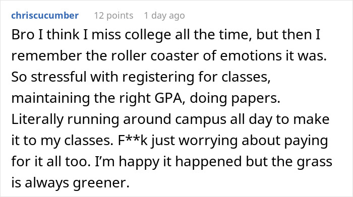 Single dad reflects on college life stress, GPA, classes, and emotions in an online post.