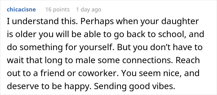 Reddit comment offering support to a single dad reminiscing about college life and discussing future hopes.