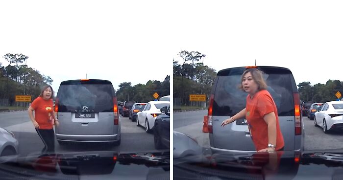 “Crazy” Woman Jumps In Front Of Vehicle So Her Husband Can Cut In Line