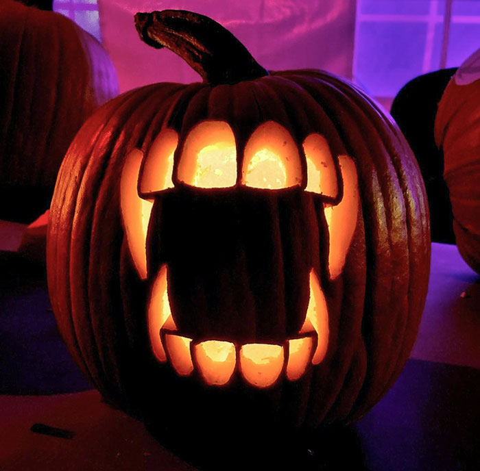 Vampire Teeth Pumpkin. Teeth Carved Into A Natural Pumpkin Using A Stoneykins Pattern