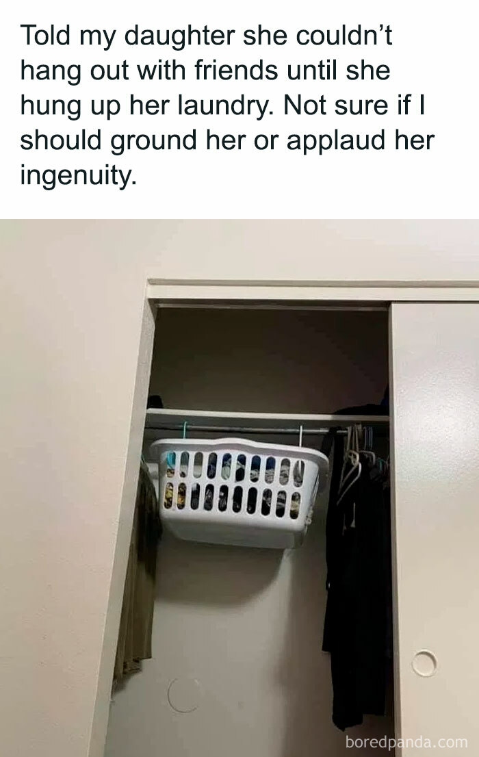 A Dad meme featuring a humorous parenting situation. The text reads, "Told my daughter she couldn’t hang out with friends until she hung up her laundry. Not sure if I should ground her or applaud her ingenuity." Below, there is an image of a closet with a laundry basket creatively hung on the clothing rod by two hangers, with all the clothes still inside. The meme humorously captures the daughter's clever way of technically fulfilling her dad's instructions while avoiding the task of actually hanging up each piece of clothing.