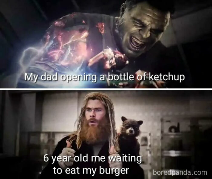 A Dad meme depicting a humorous situation where a dad is struggling to open a bottle of ketchup. The top image shows the Hulk from the Marvel movies, straining with great effort, labeled "My dad opening a bottle of ketchup." The bottom image shows Thor with a surprised expression, holding his hands in anticipation, accompanied by Rocket Raccoon, labeled "6-year-old me waiting to eat my burger." The meme humorously illustrates the classic dad moment of battling a stubborn ketchup bottle while the child eagerly waits to enjoy their meal.