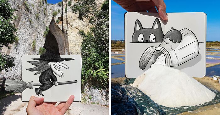 Artist Transforms Reality Into Art With These Mind-Bending Sketch-Photo Combinations (43 New Pics)