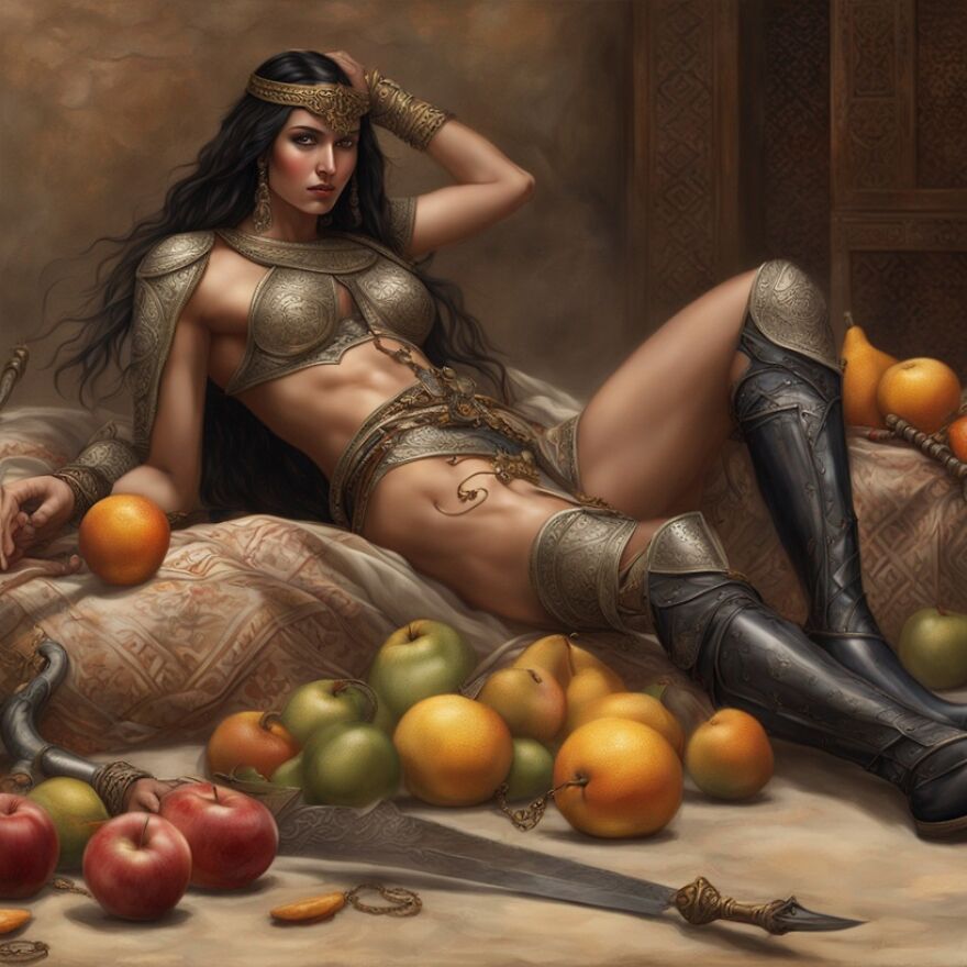 03 Works , Orientalist Artist, Unknown Artist, Reclining Arab Warrior Woman Odalisque With Fruit, With Footnotes #133