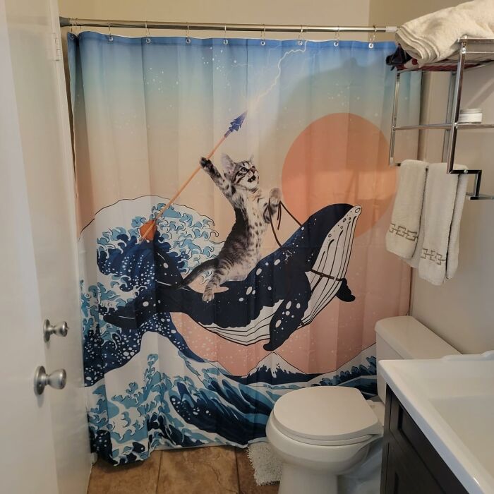 Forget Mermaids, This Shower Curtain Features The Real Ruler Of The Seas - A Fearless Feline Riding A Shark!