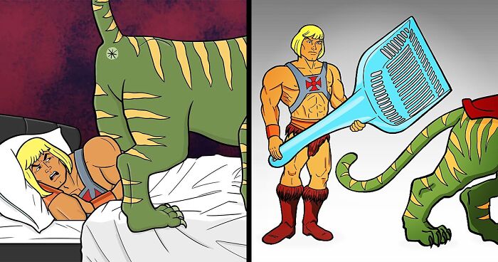 Artist Creates 13 Funny Illustrations Focusing On He-Man And His Daily Routines With His Cat