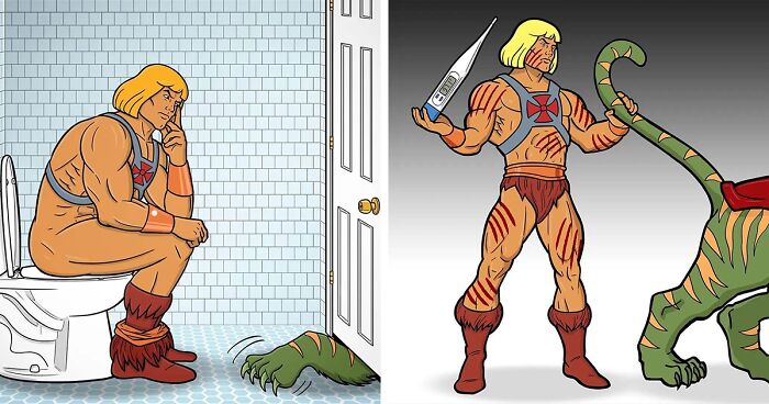 13 Hilarious Illustrations By Ed Harrington Showcasing He-Man And His Battle Tiger