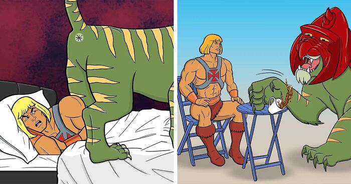 This Artist Created 13 Hilarious Illustrations Showcasing He-Man And His Battle Tiger