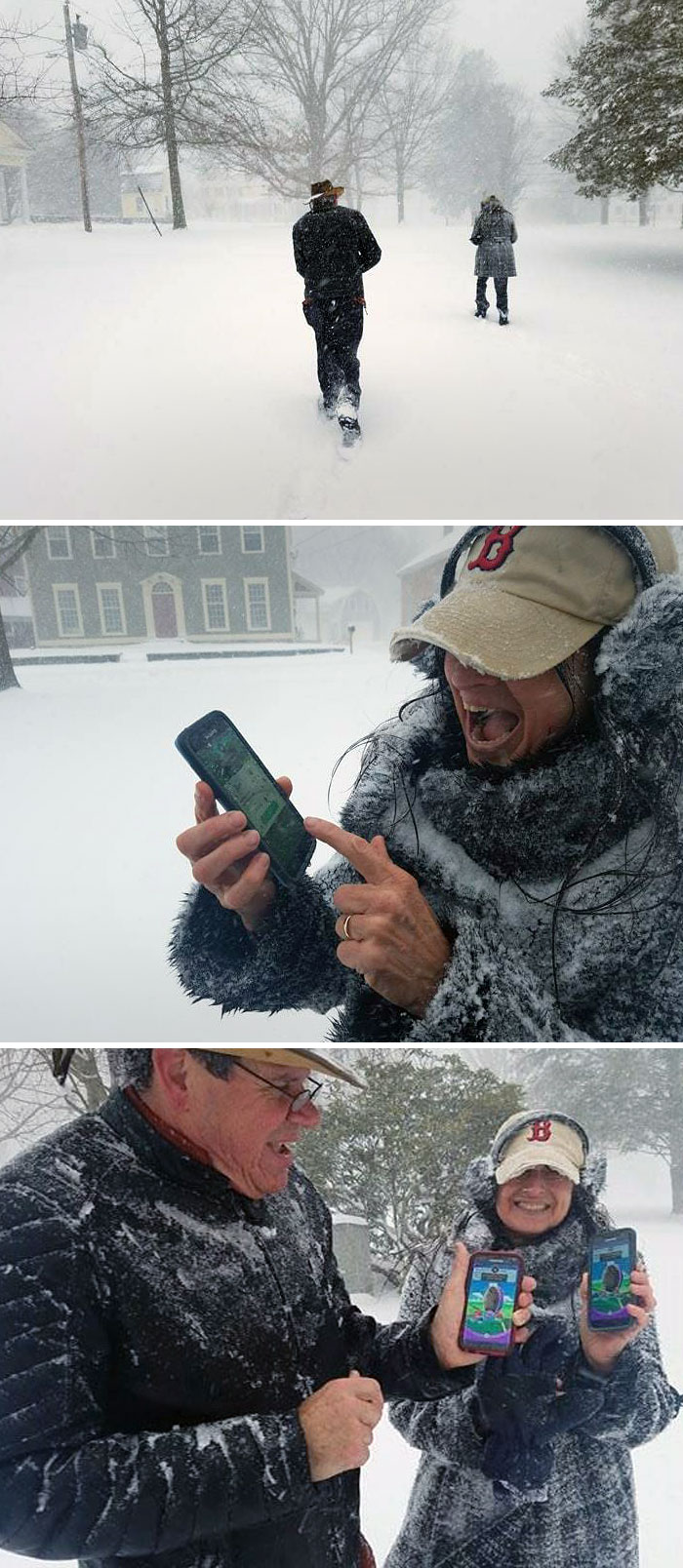 Parents Dragged Me Out In A Blizzard To Play Pokemon GO. My Dad Is 59 Years Old And A Level 32. My Mom Is A Level 28 And Is 64 Years Old