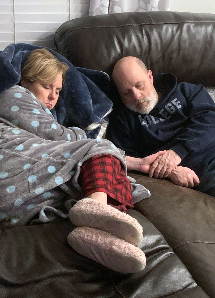 Not Puppies And Kittens, But My Parents Asleep On The Couch Holding Hands Is Still Pretty Cute