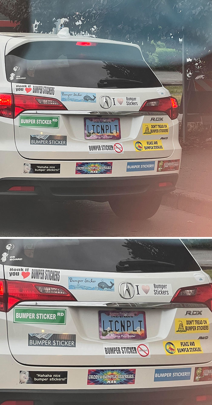 This Car Is Full Of Bumper Stickers That Say Bumper Sticker