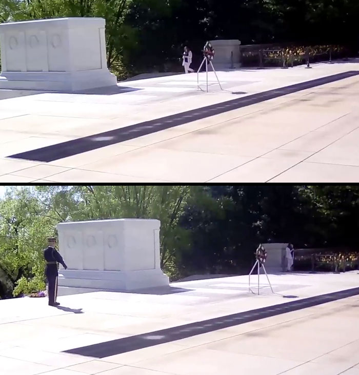 Woman Visiting Arlington National Cemetery Ignores The "Do Not Cross" Signs, And Walks On The Tomb Of The Unknown Soldier To Take A Selfie For Instagram. Tomb Guard Puts Her In Her Place