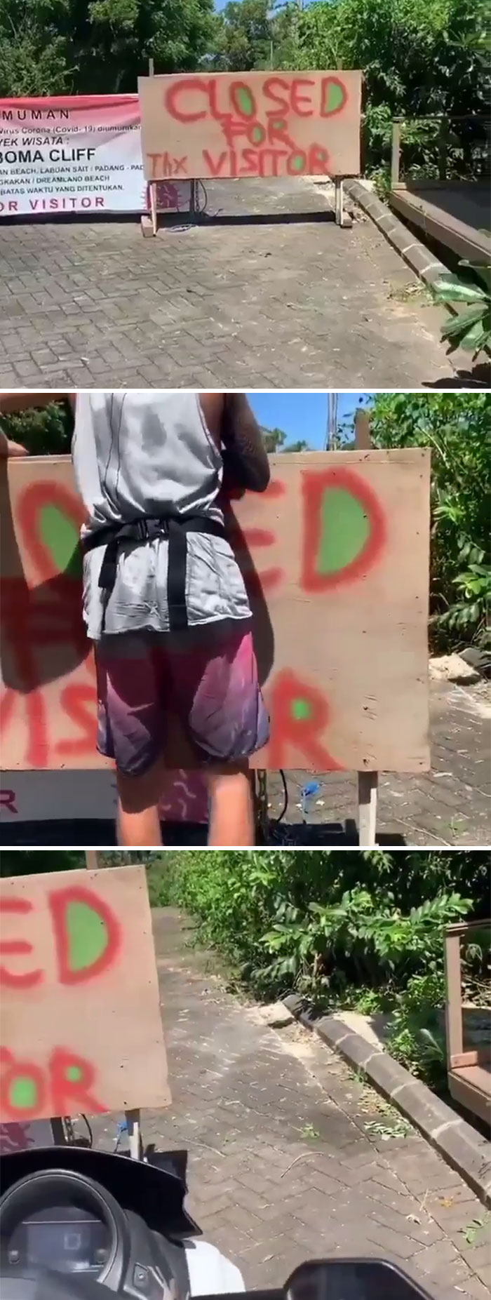 Foreigners In Bali, Indonesia Ignore The Closure Of Tourist Destinations And Remove A Sign Stating "Closed For Visitor" To Gain Access To Karang Boma Cliff In Pecatu, South Kuta