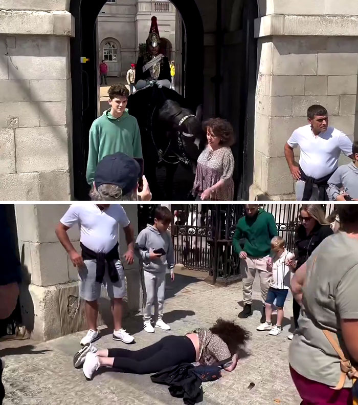 Tourist Gets Headbutted And Thrown To The Floor After Standing Next To A King's Guard Horseman. Tourists Are Warned Not To Get Close To The Horses Or Guards With A Nearby Sign