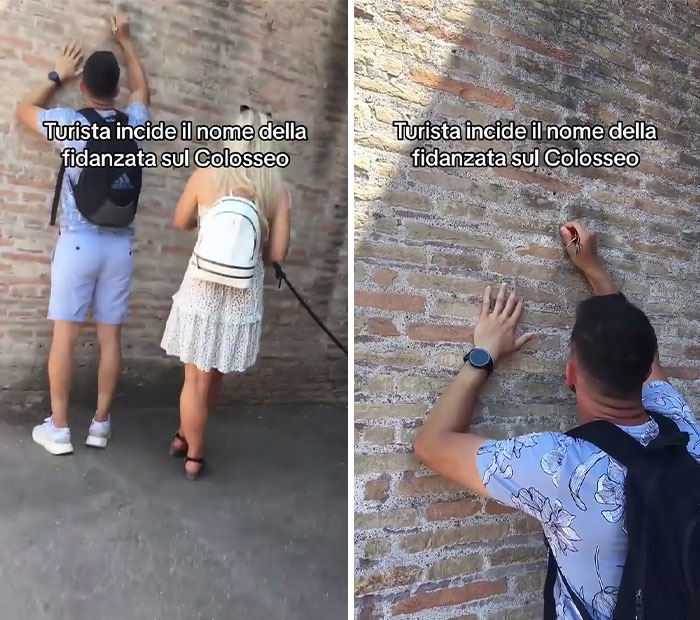 Tourist Engraves The Name Of His Girlfriend With Keys On The Colosseum In Rome. He Is Facing A 18.000 € Fine