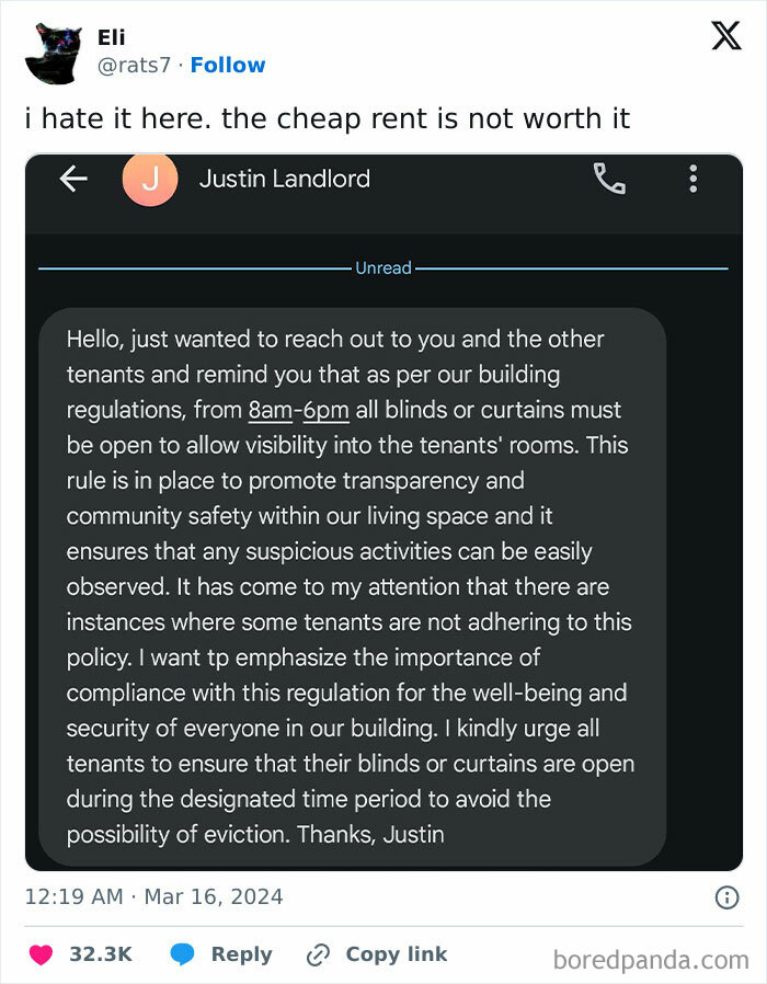 Landlord Threatens Tenants With Eviction If They Don’t Keep Their Blinds Open