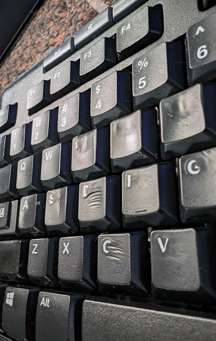 You Can See The Fingernail Marks On My Wife's Work Keyboard From How Much She Types (Faded Lettering Too)