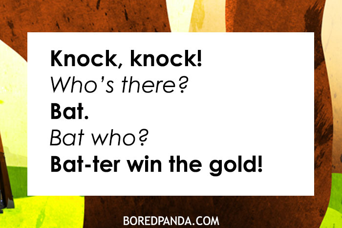 A knock knock joke displayed on a white text box over a colorful abstract background. The text reads: "Knock, knock! Who's there? Bat. Bat who? Bat-ter win the gold!" The joke plays on the word "Bat," leading to a punchline involving "batter," which can refer to a baseball player or a playful twist on the word "better." At the bottom, the source is credited as "BOREDPANDA.COM."