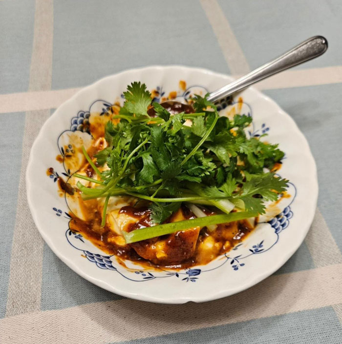 A lunch idea featuring soft tofu topped with a spicy, savory sauce, garnished with a generous amount of fresh cilantro. The food is served on a decorative white plate with blue floral patterns, accompanied by a spoon.