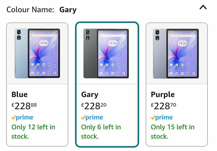 "What colour would you like your tablet: Blue, Purple or Gary?!" - mittfh