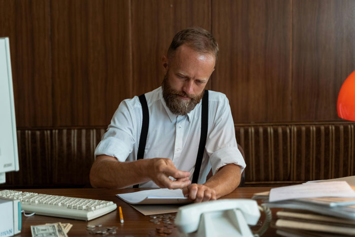 Man with beard in a white shirt counting money at a desk for financial decisions.