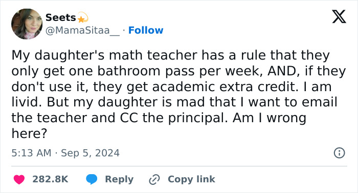 Mom Rebels Against Math Teacher's Rule Allowing Only 1 Bathroom Visit Per Week, Discussion Arises