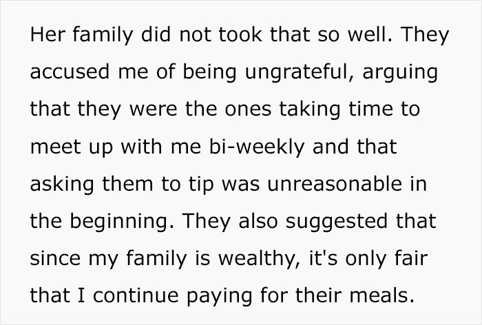 Text about a man’s frustration with fiancée’s family over tipping $1 at dinners and expectations for him to pay.