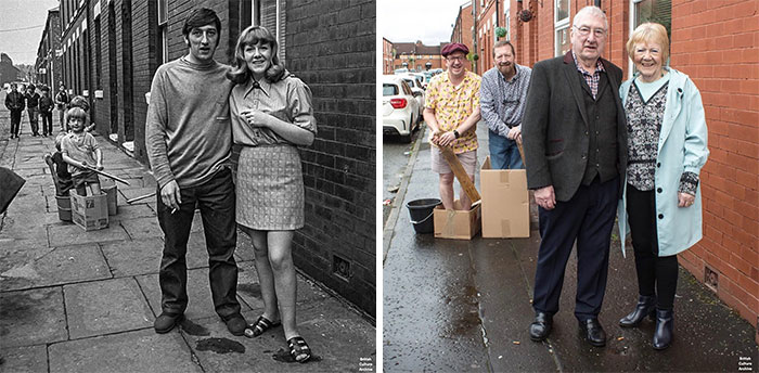 Then And Now, 1970 And 2024. A Family Recreates This Photo 54 Years Later In Salford, England