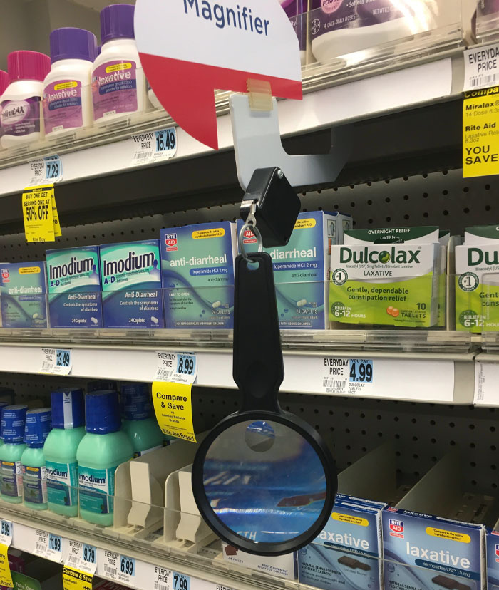 This Pharmacy Has A Magnifying Glass So People Can Read Medicine Labels And Details More Easily