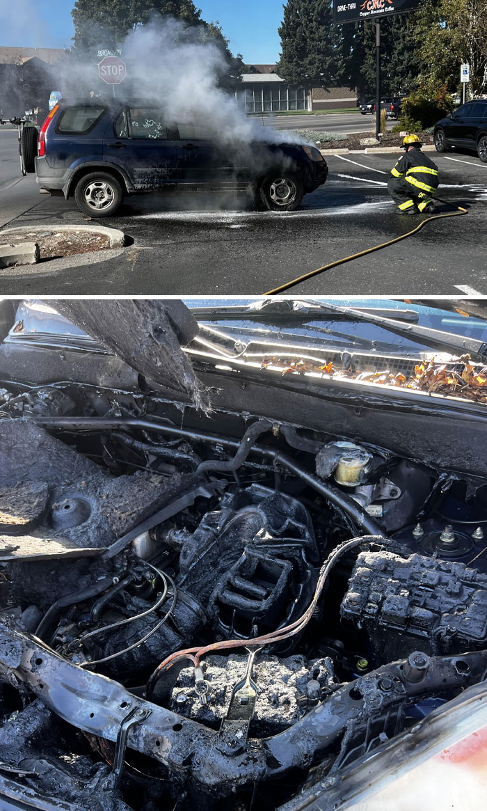 My Car Randomly Caught Fire In The Coffee Shop's Parking Lot. It Is A 20-Year-Old Car, So She Had A Good Run, But She Was Working Fine 