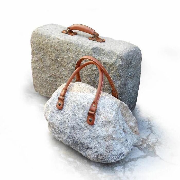 Surrealism-inspired stone suitcase and handbag with leather handles.