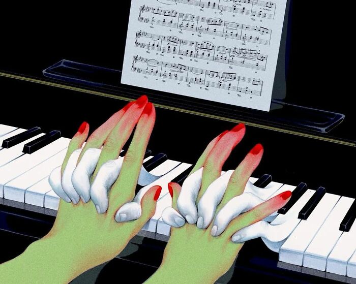 Hands with surreal fingers playing piano under sheet music, invoking surrealism.