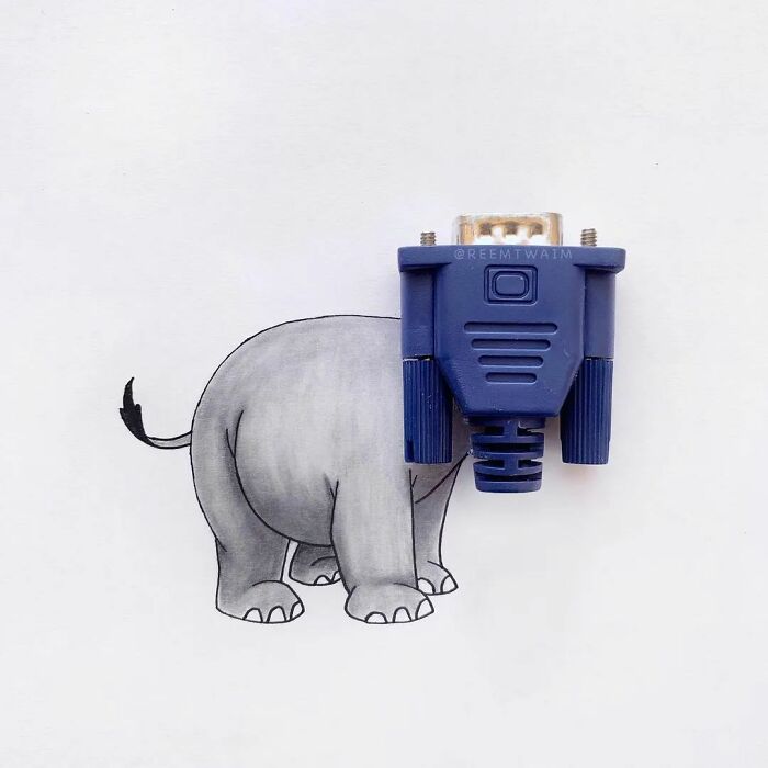 Surrealism world art: a blue VGA connector merges with an elephant sketch, creating a whimsical scene.